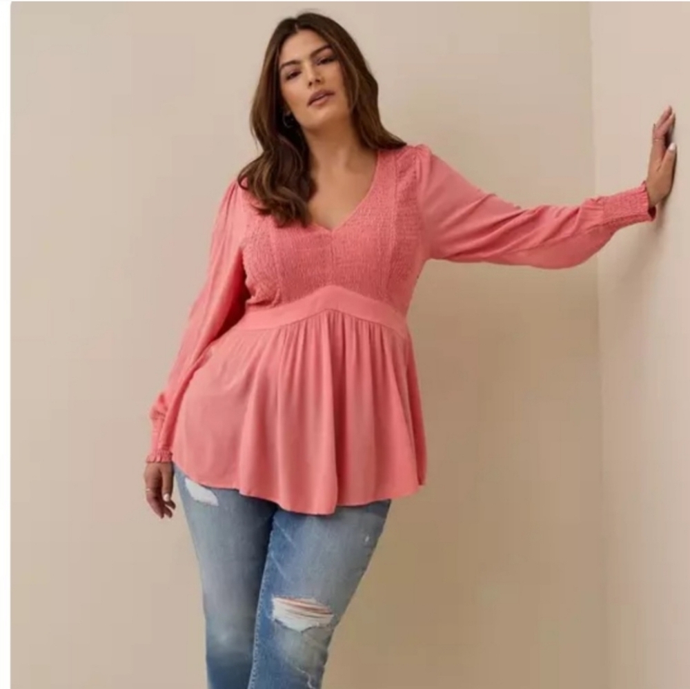 NWT Torrid Pink Long Sleeve Crinkle Gauze Baby Doll Top Size 00 Plus